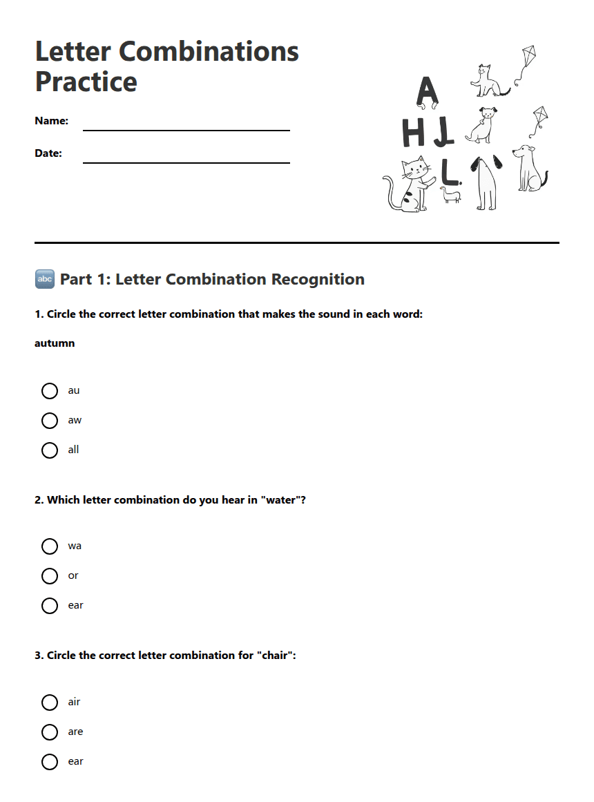 Letter Combinations Practice worksheet preview