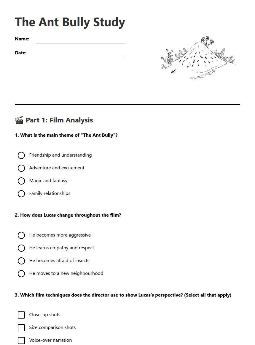 The Ant Bully Study worksheet preview