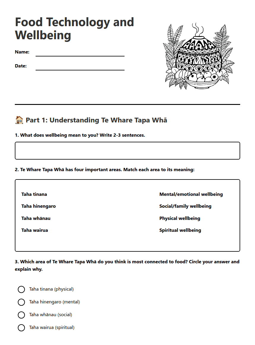 Food Technology and Wellbeing worksheet preview
