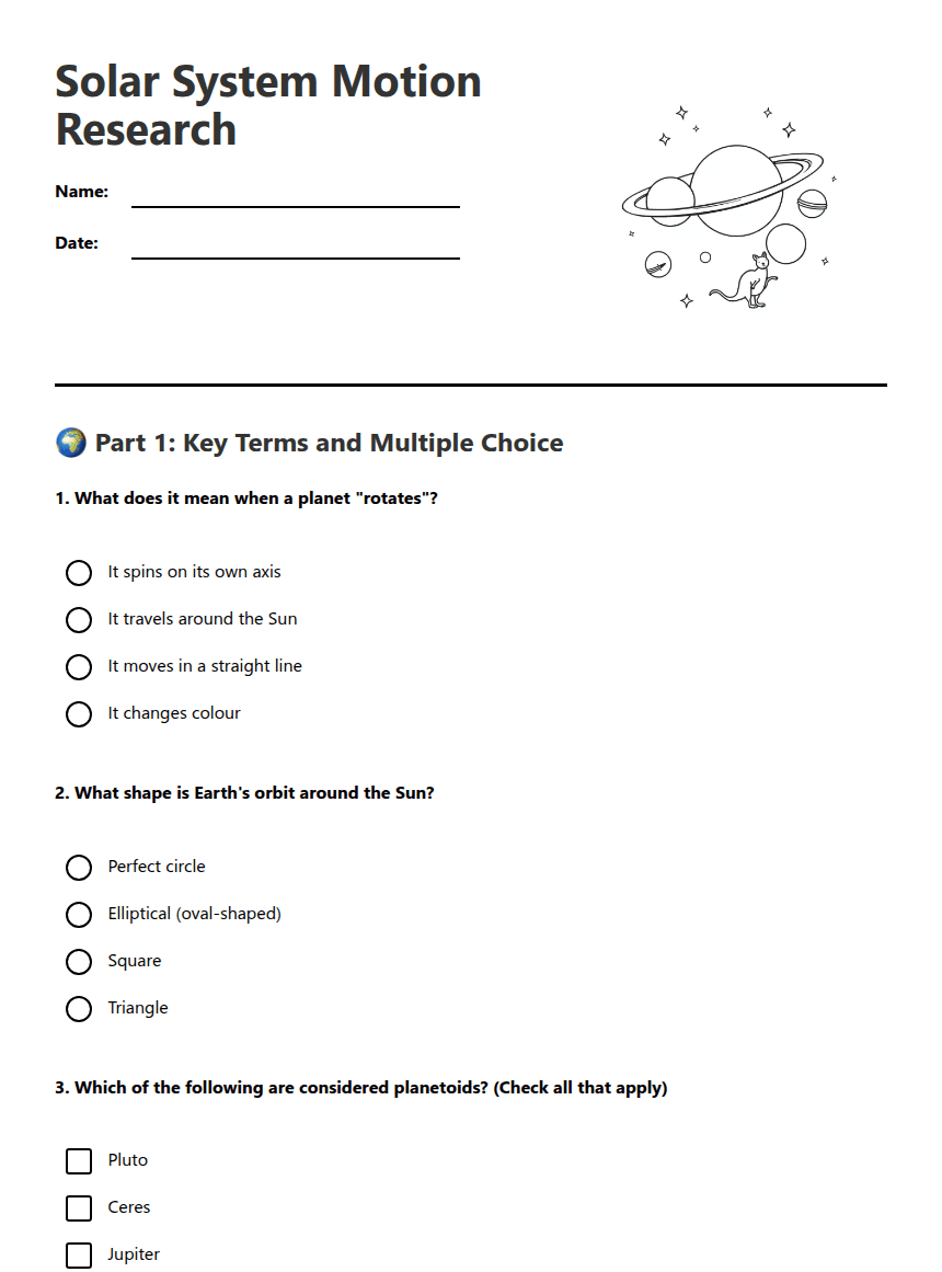 Solar System Motion Research worksheet preview