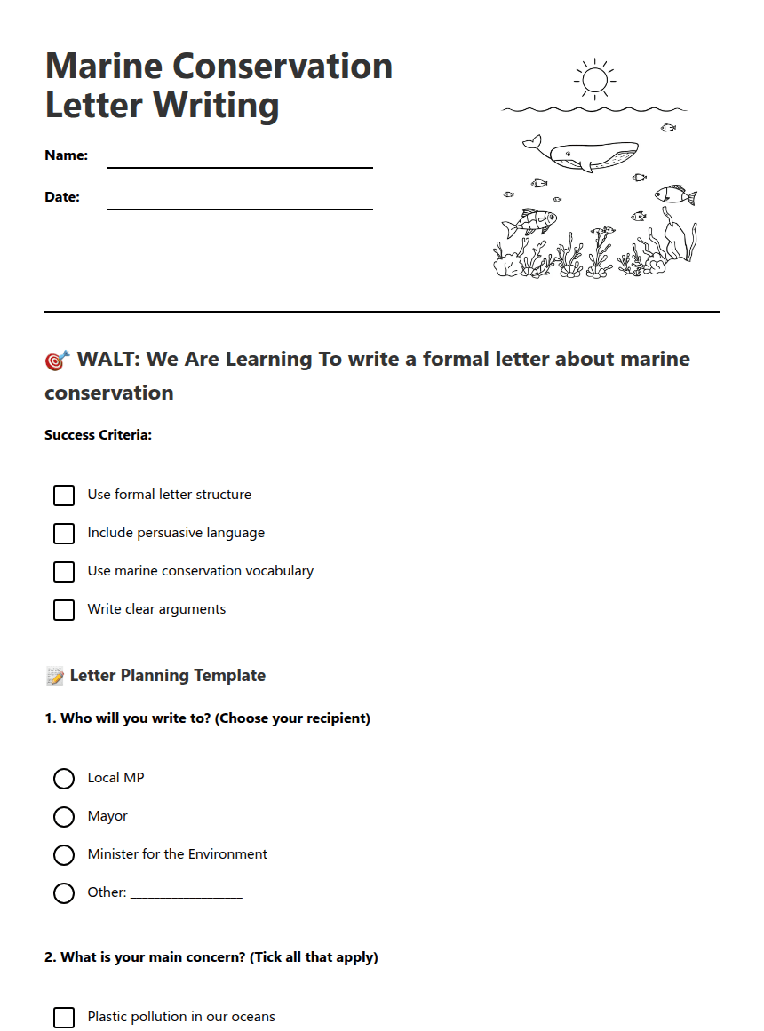 Marine Conservation Letter Writing worksheet preview