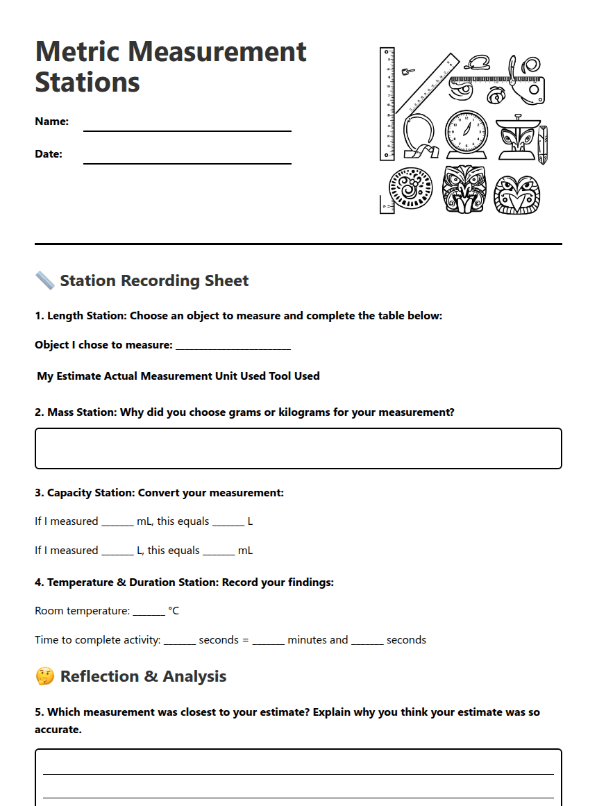 Metric Measurement Stations worksheet preview