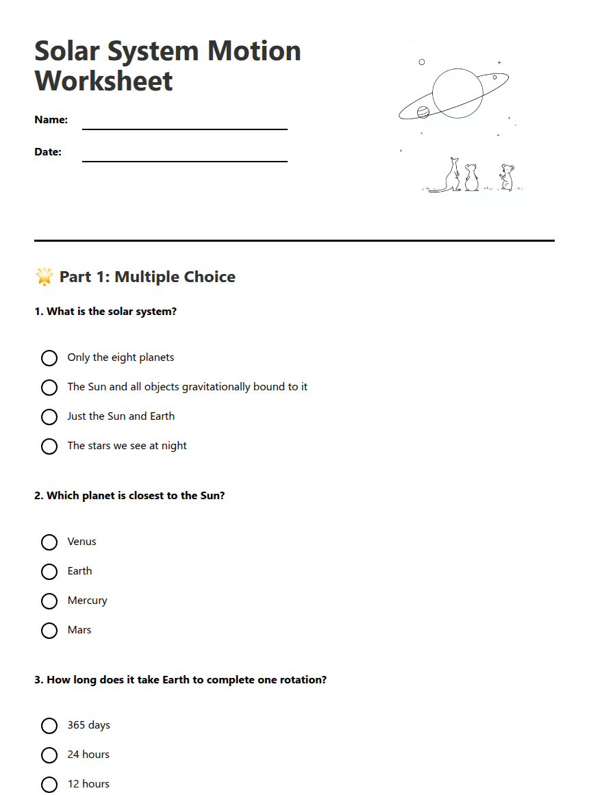 Solar System Motion Worksheet worksheet preview