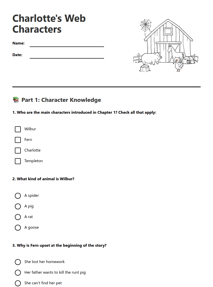 Charlotte's Web Characters worksheet preview
