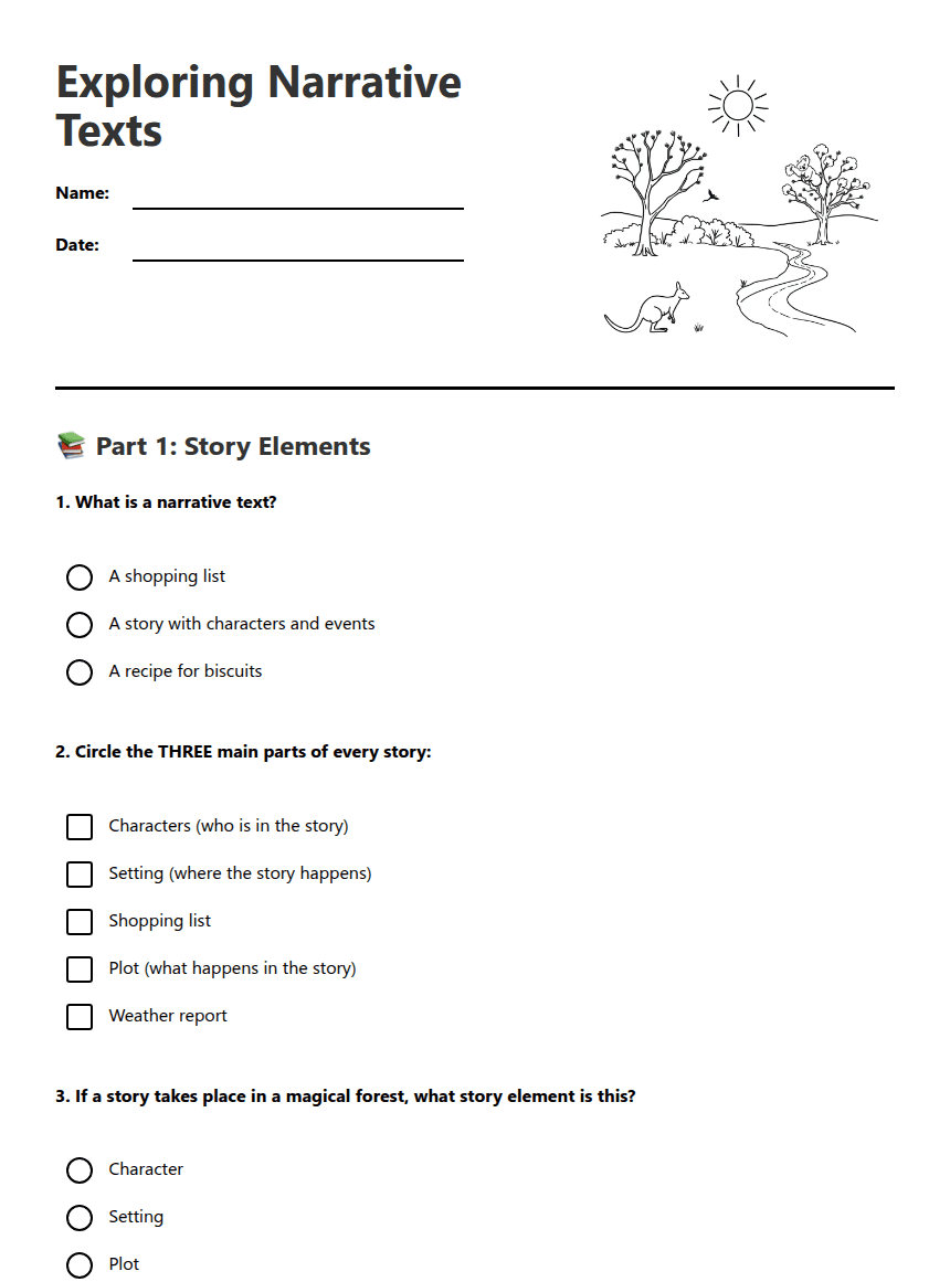 Exploring Narrative Texts worksheet preview