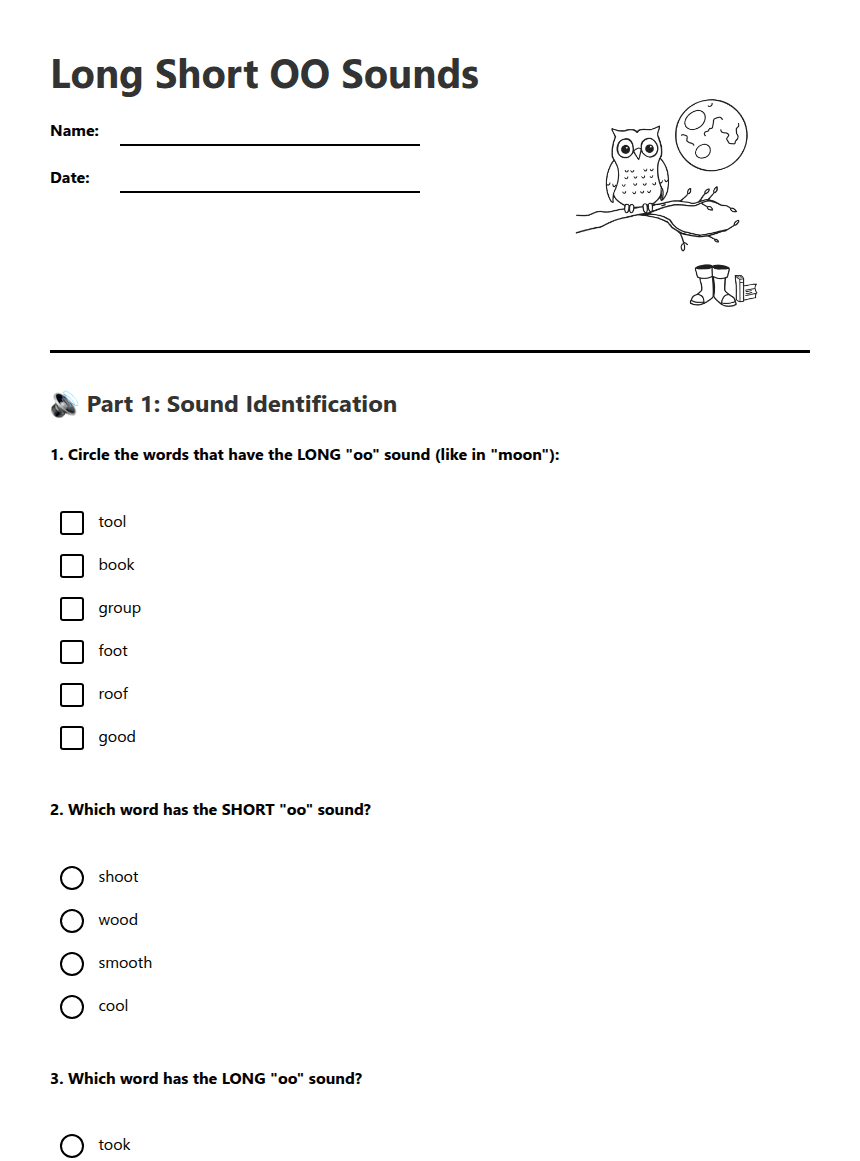 Long Short OO Sounds worksheet preview