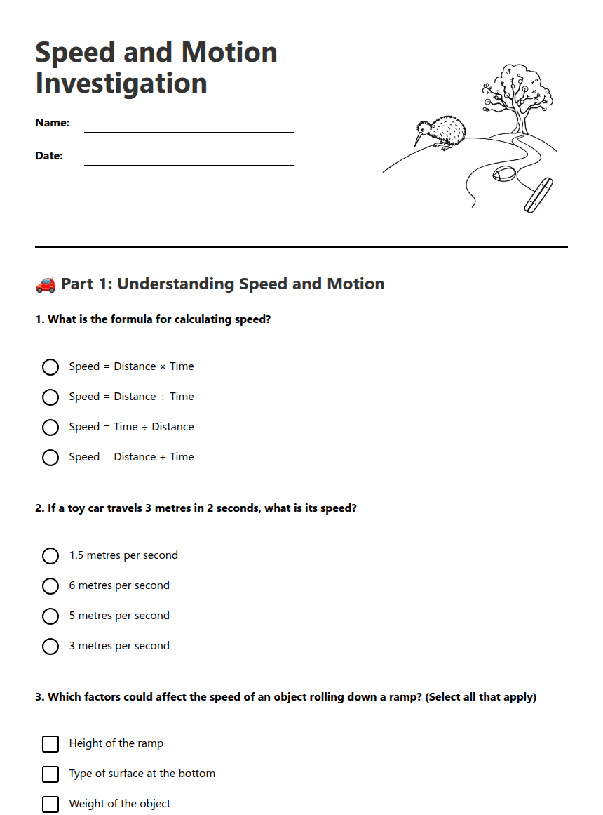 Speed and Motion Investigation worksheet preview