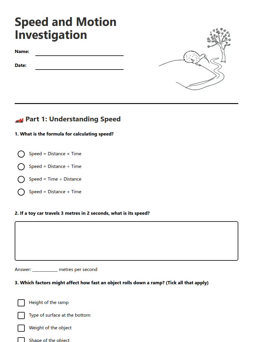 Speed and Motion Investigation worksheet preview
