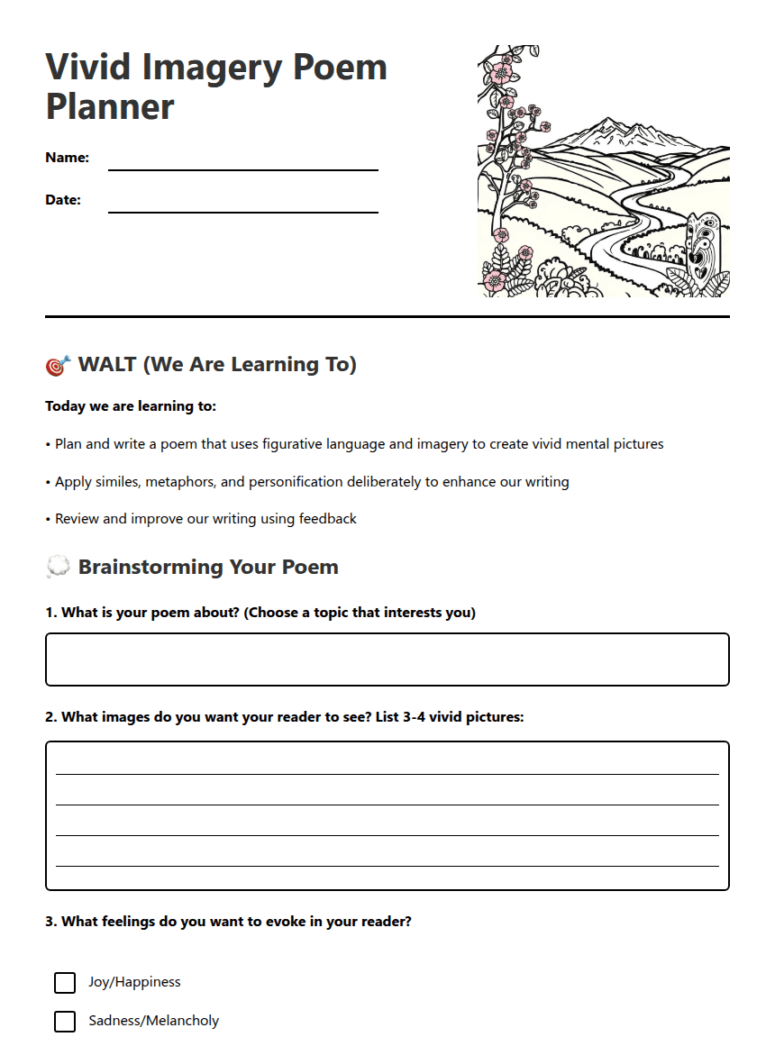 Vivid Imagery Poem Planner worksheet preview