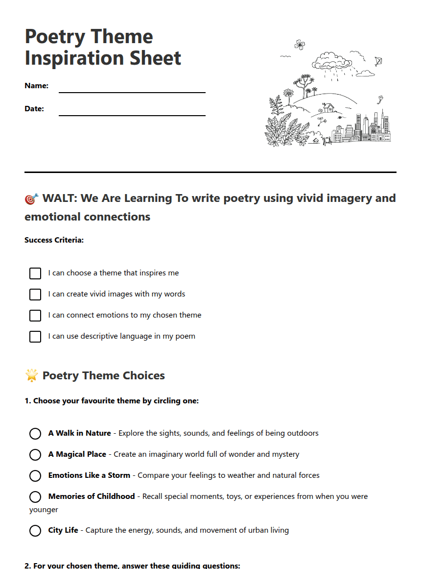 Poetry Theme Inspiration Sheet worksheet preview