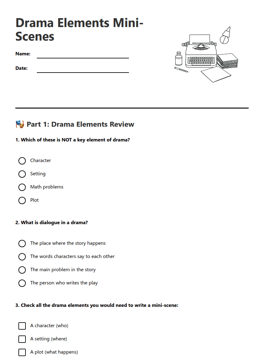 Drama Elements Mini-Scenes worksheet preview