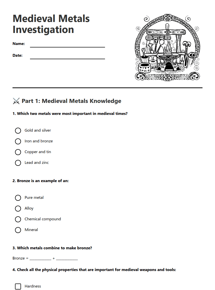 Medieval Metals Investigation worksheet preview