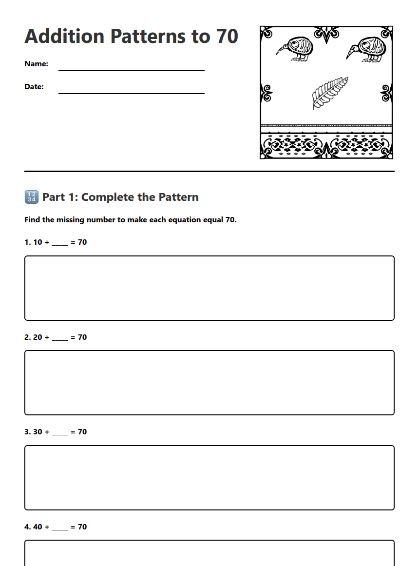 Addition Patterns to 70 worksheet preview