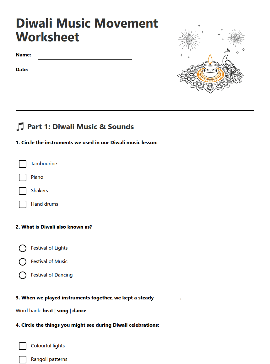 Diwali Music Movement Worksheet worksheet preview