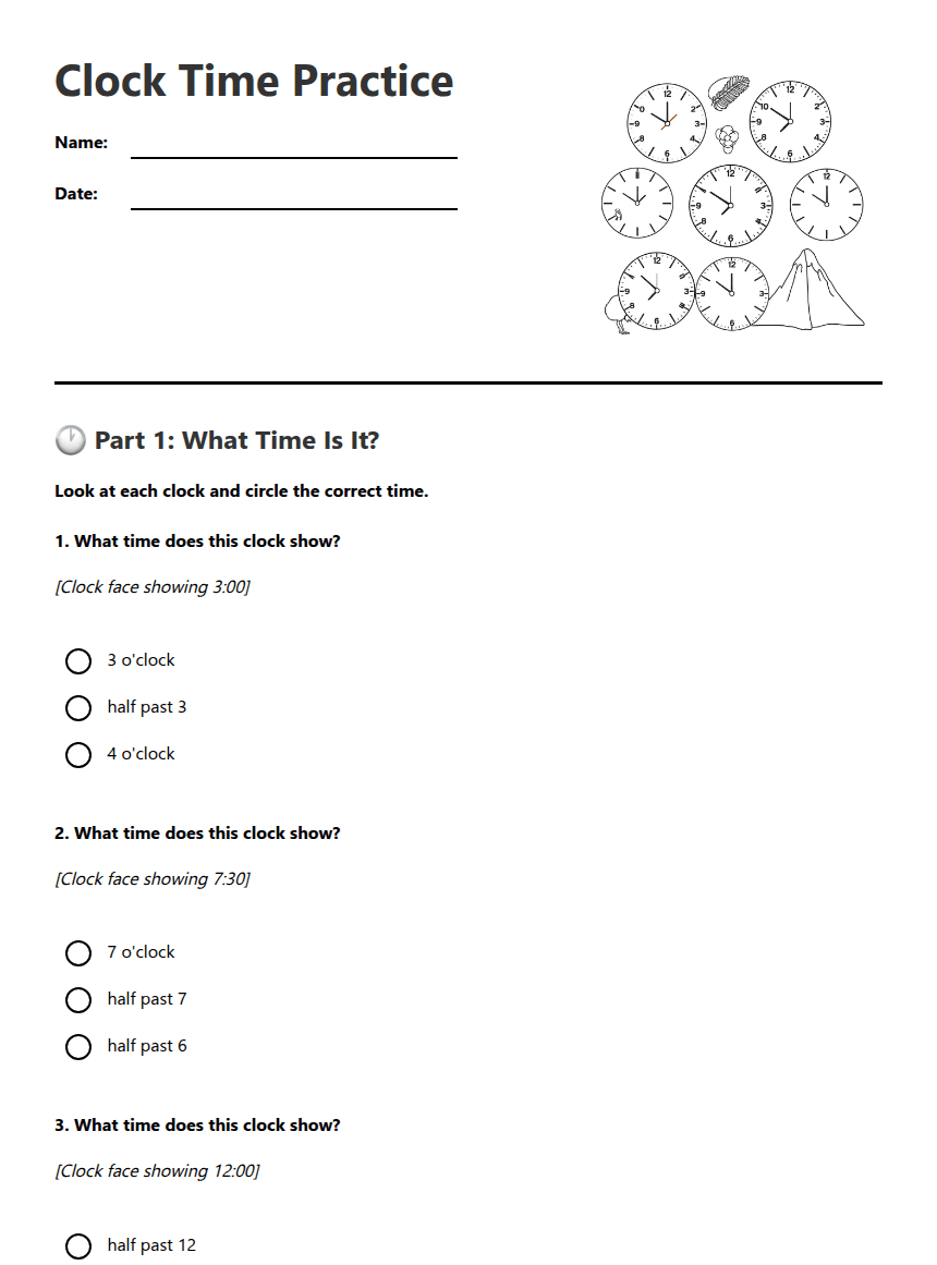 Clock Time Practice worksheet preview