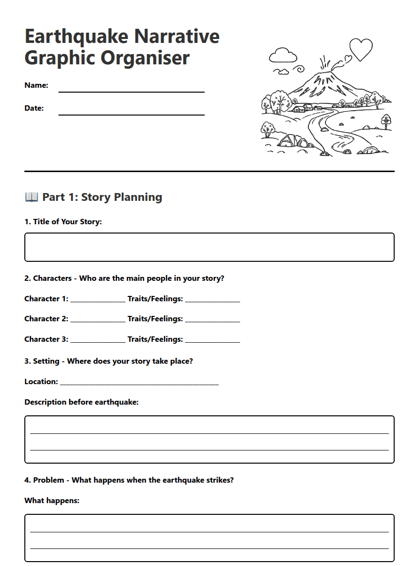Earthquake Narrative Graphic Organiser worksheet preview
