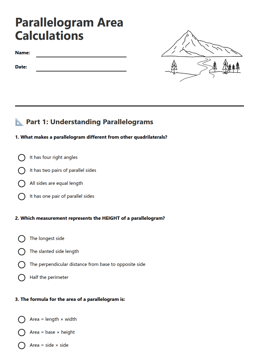 Parallelogram Area Calculations worksheet preview