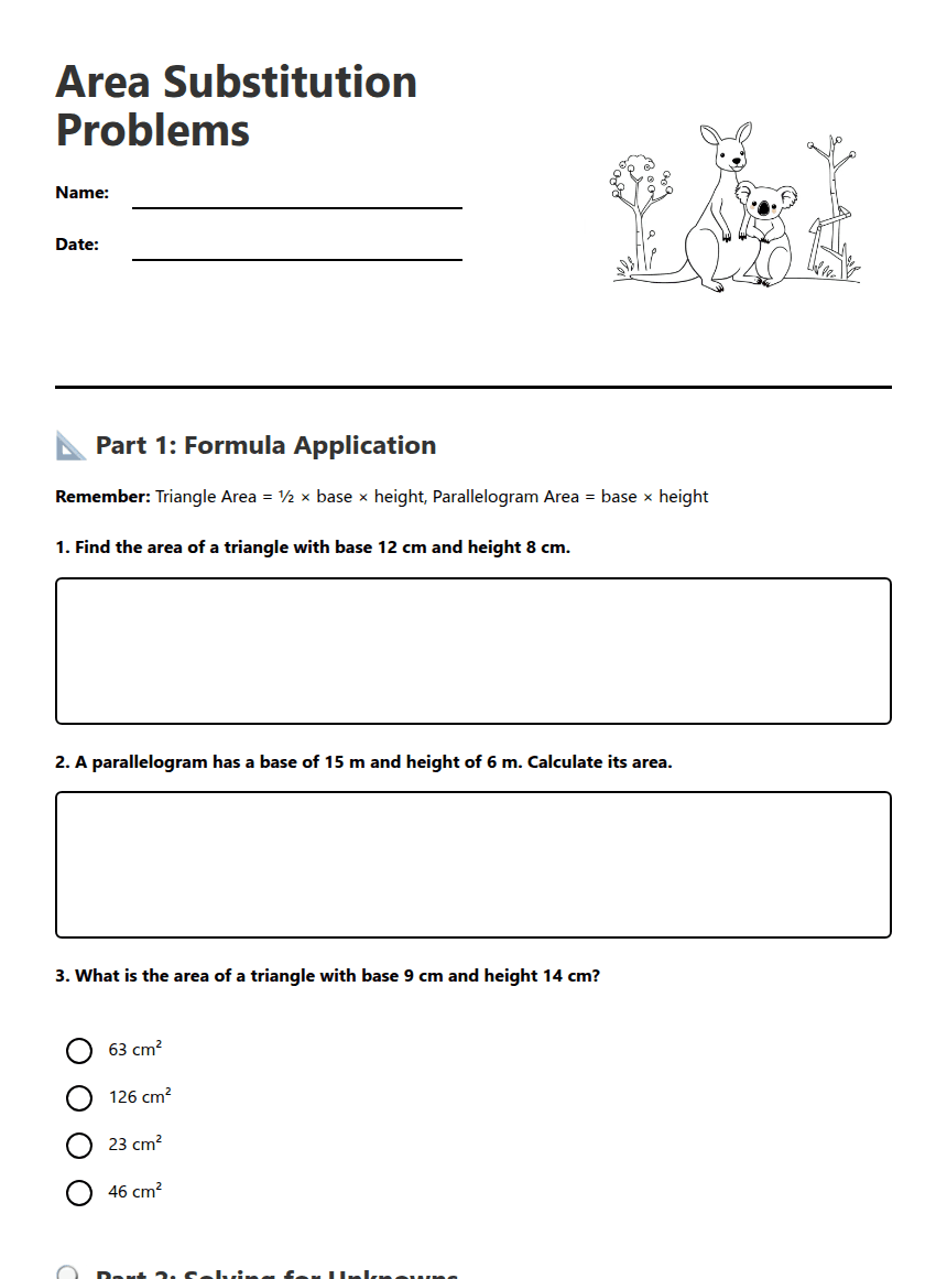 Area Substitution Problems worksheet preview