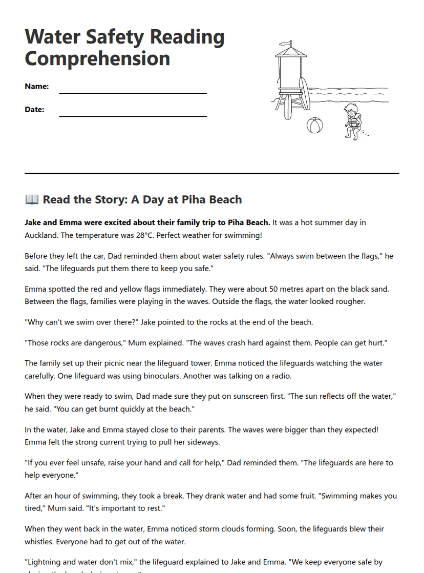 Water Safety Reading Comprehension