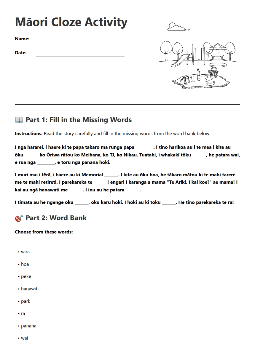 Māori Cloze Activity worksheet preview