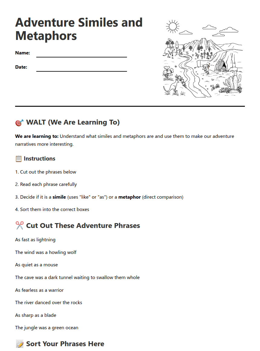 Adventure Similes and Metaphors worksheet preview