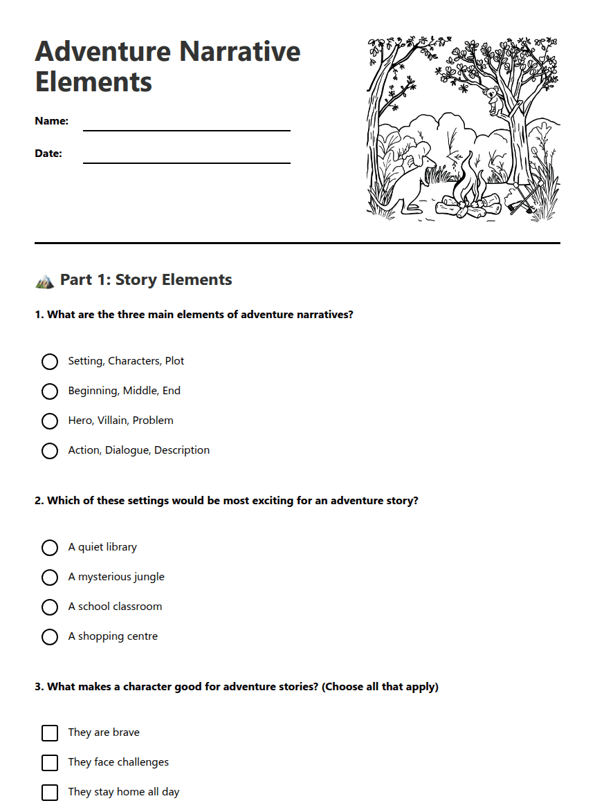 Adventure Narrative Elements worksheet preview