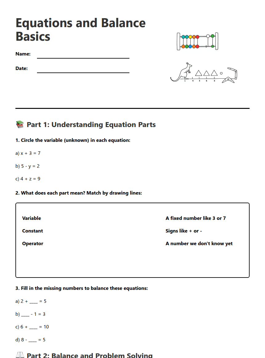 Equations and Balance Basics worksheet preview
