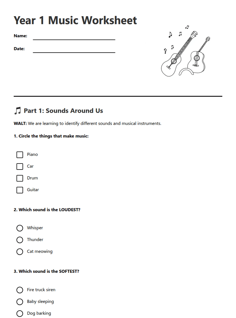 Year 1 Music Worksheet