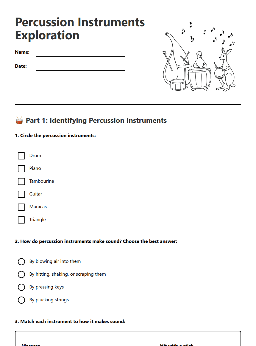 Percussion Instruments Exploration worksheet preview
