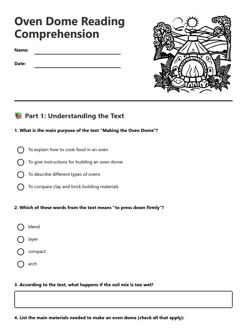 Oven Dome Reading Comprehension worksheet preview