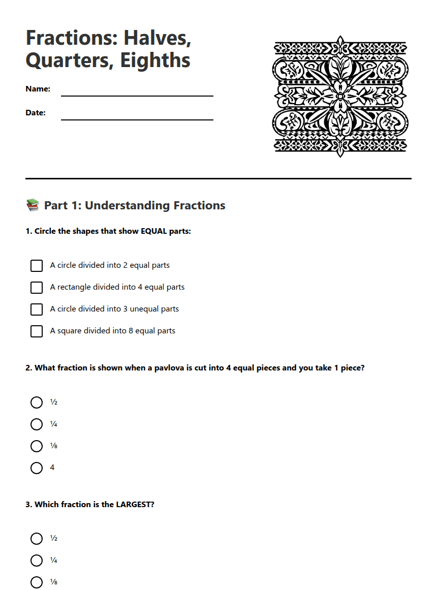 Fractions: Halves, Quarters, Eighths worksheet preview