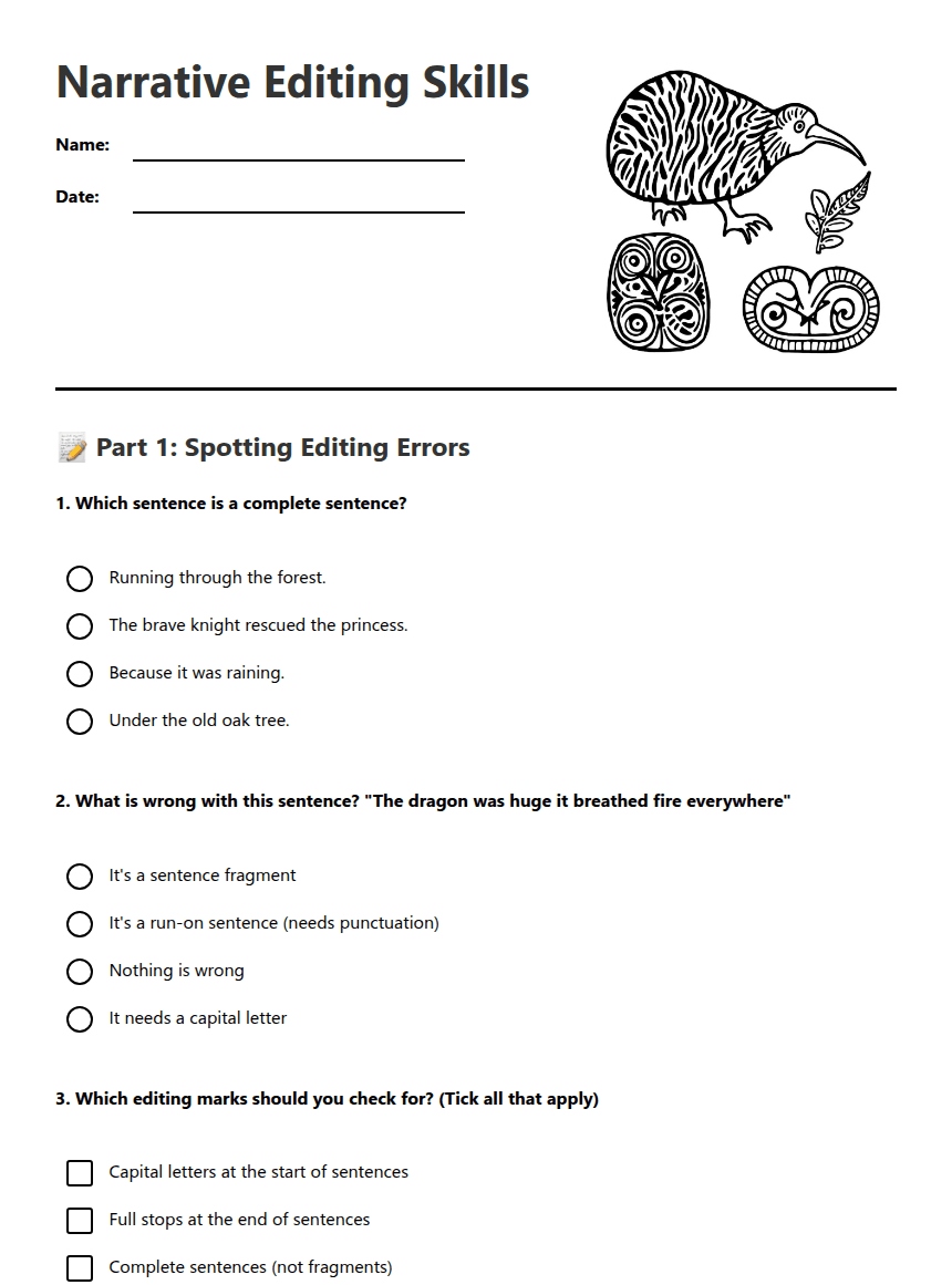 Narrative Editing Skills worksheet preview