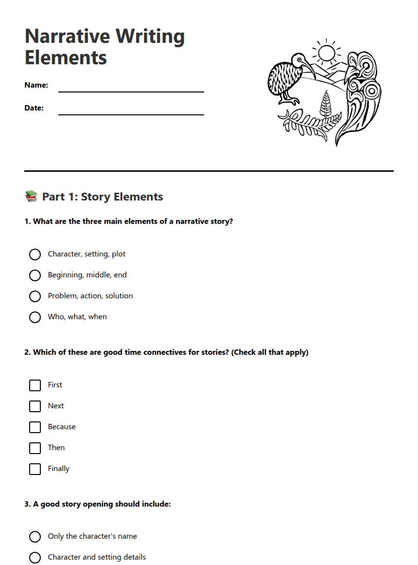 Narrative Writing Elements worksheet preview