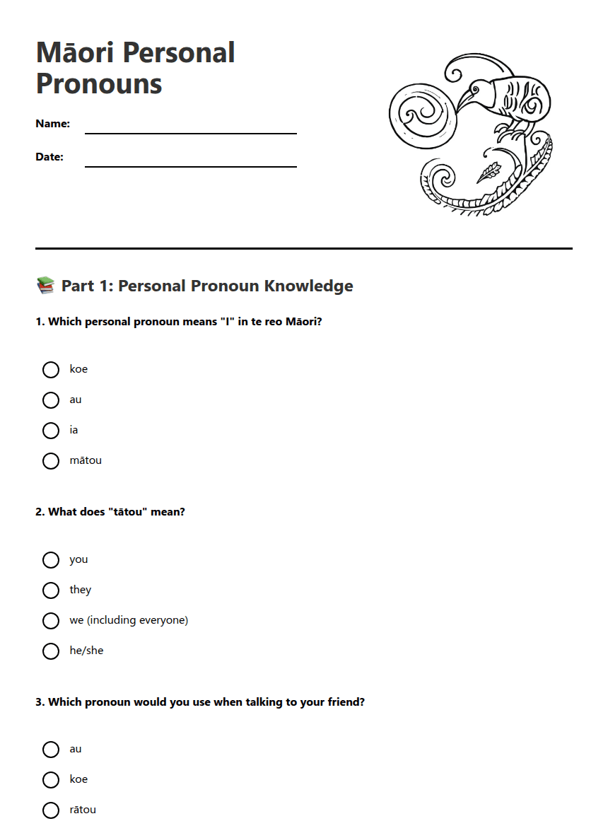 Māori Personal Pronouns worksheet preview