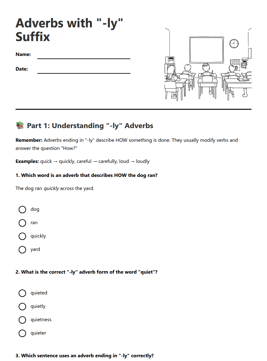 Adverbs with "-ly" Suffix worksheet preview