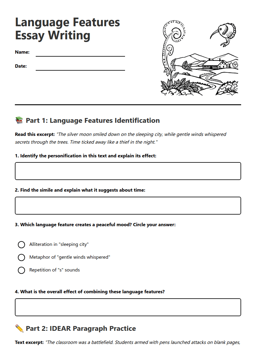 Language Features Essay Writing worksheet preview