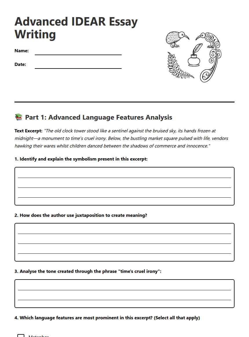 Advanced IDEAR Essay Writing worksheet preview