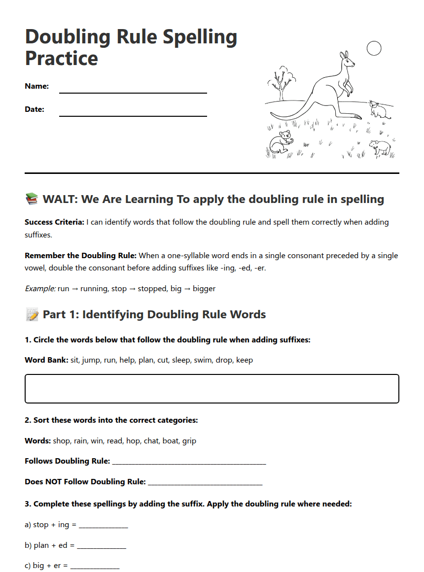 Doubling Rule Spelling Practice worksheet preview