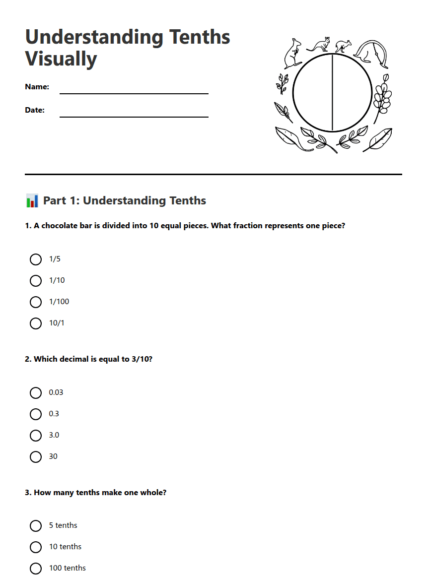 Understanding Tenths Visually worksheet preview