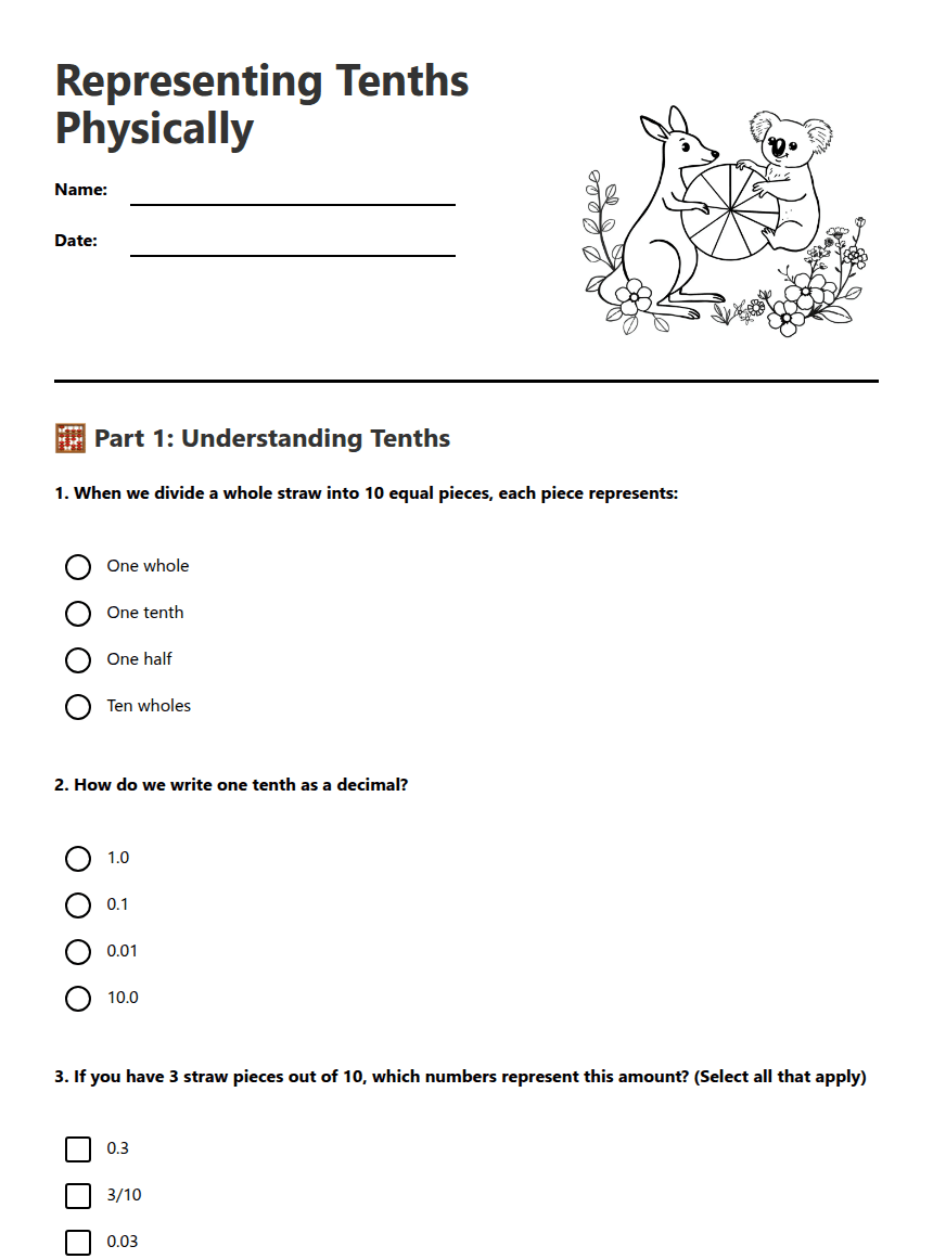 Representing Tenths Physically worksheet preview