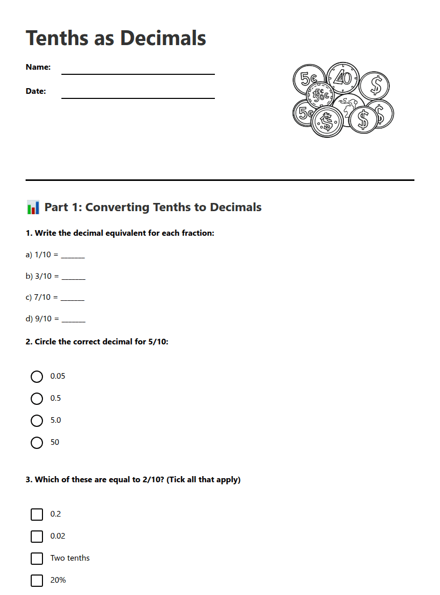 Tenths as Decimals worksheet preview