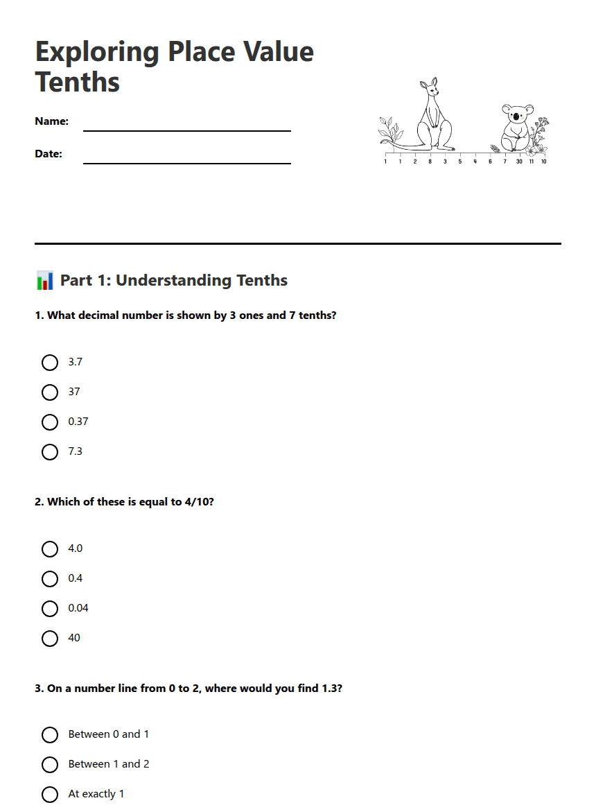 Exploring Place Value Tenths worksheet preview