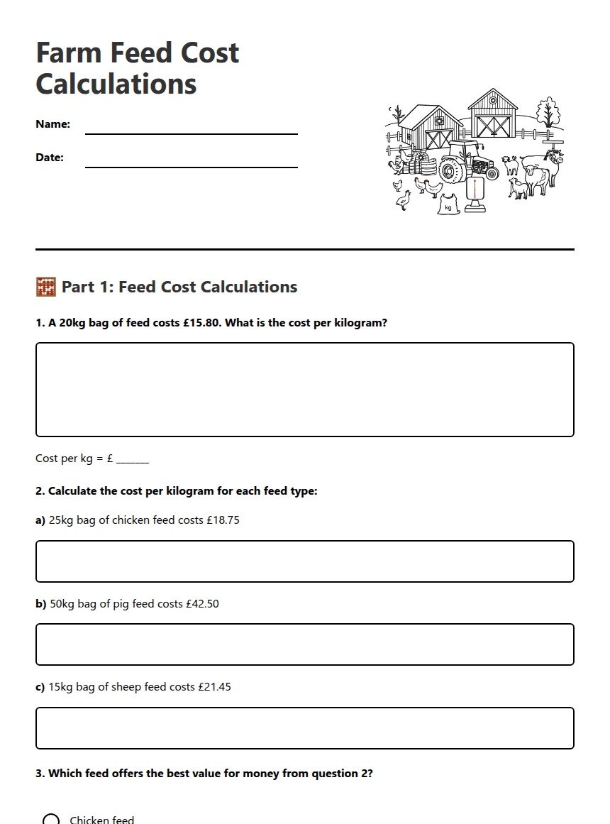 Farm Feed Cost Calculations worksheet preview