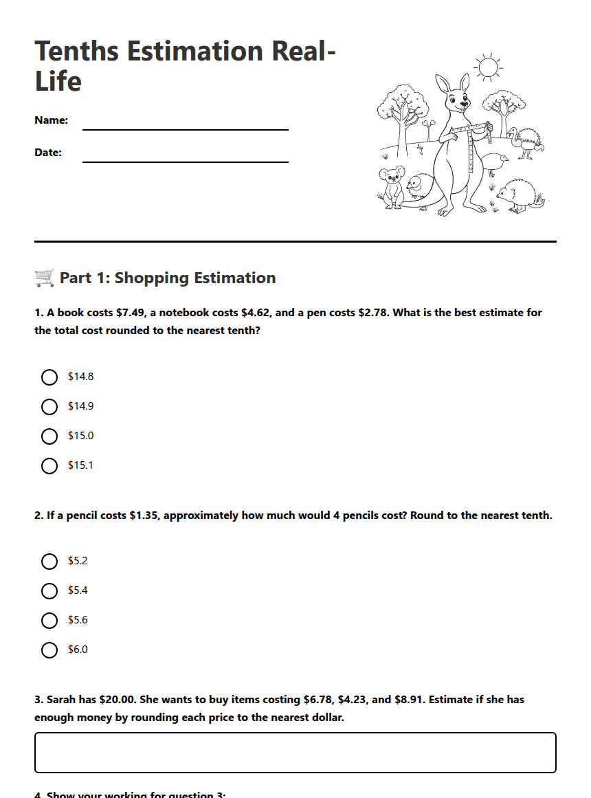 Tenths Estimation Real-Life worksheet preview