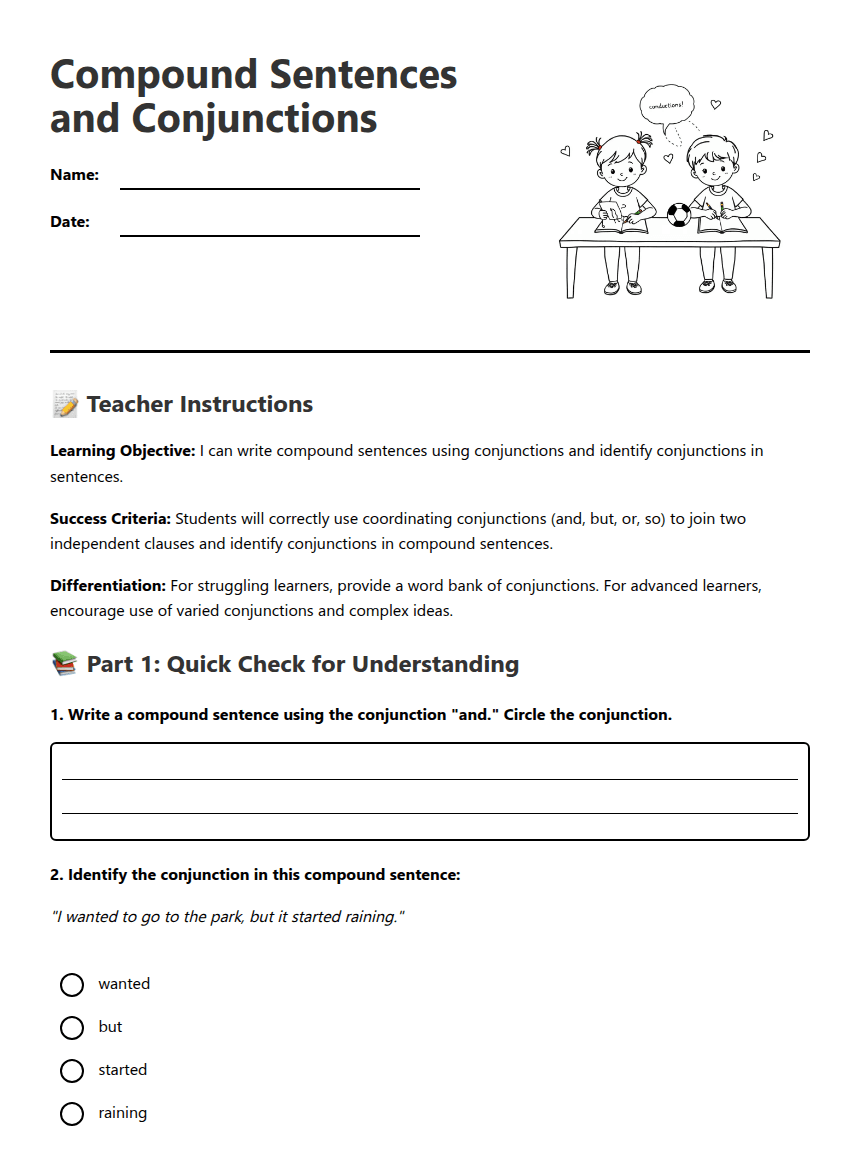 Compound Sentences and Conjunctions worksheet preview