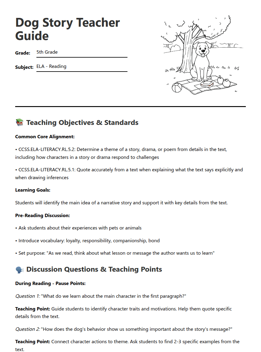 Dog Story Teacher Guide worksheet preview