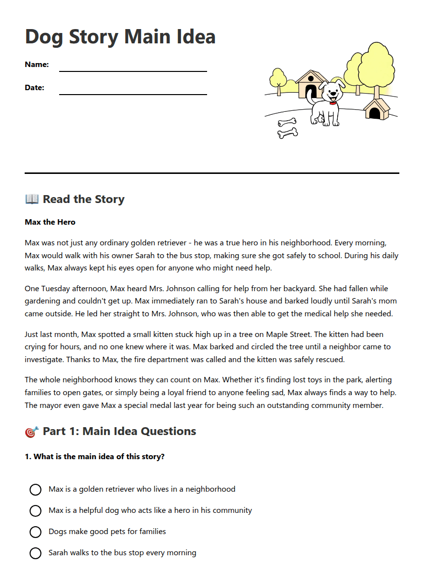 Dog Story Main Idea worksheet preview