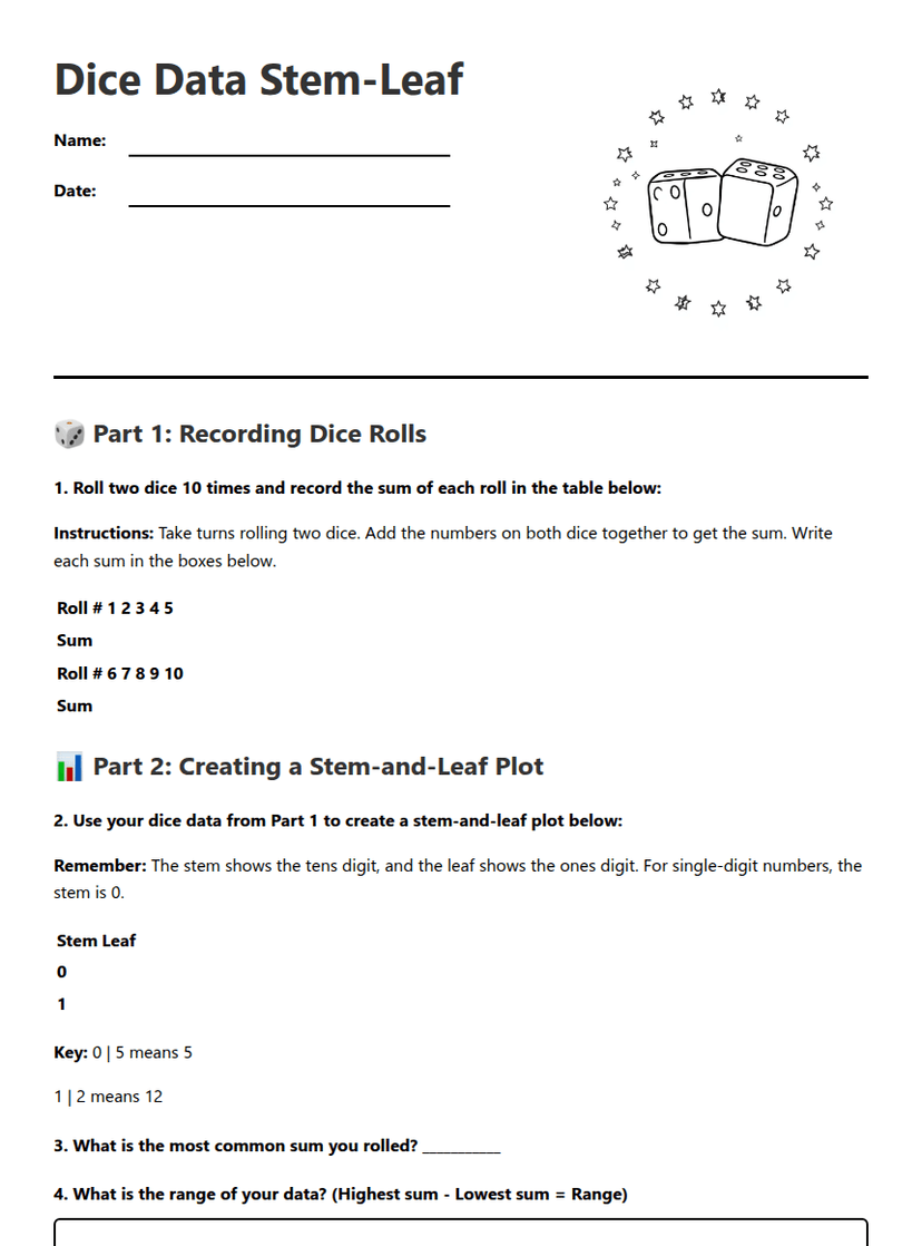 Dice Data Stem-Leaf