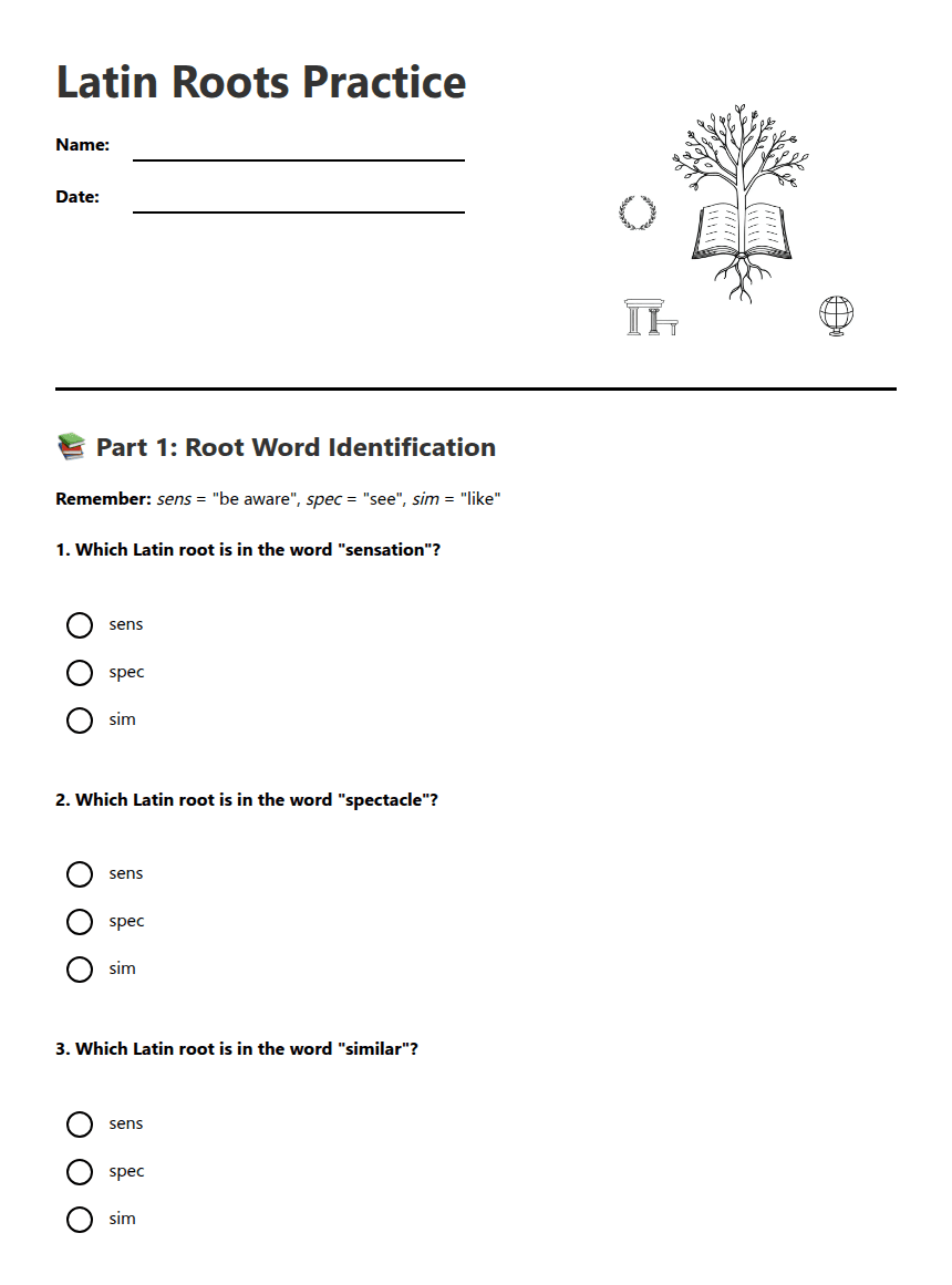 Latin Roots Practice worksheet preview