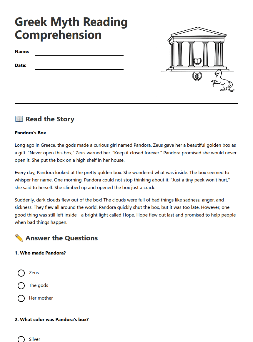 Greek Myth Reading Comprehension worksheet preview
